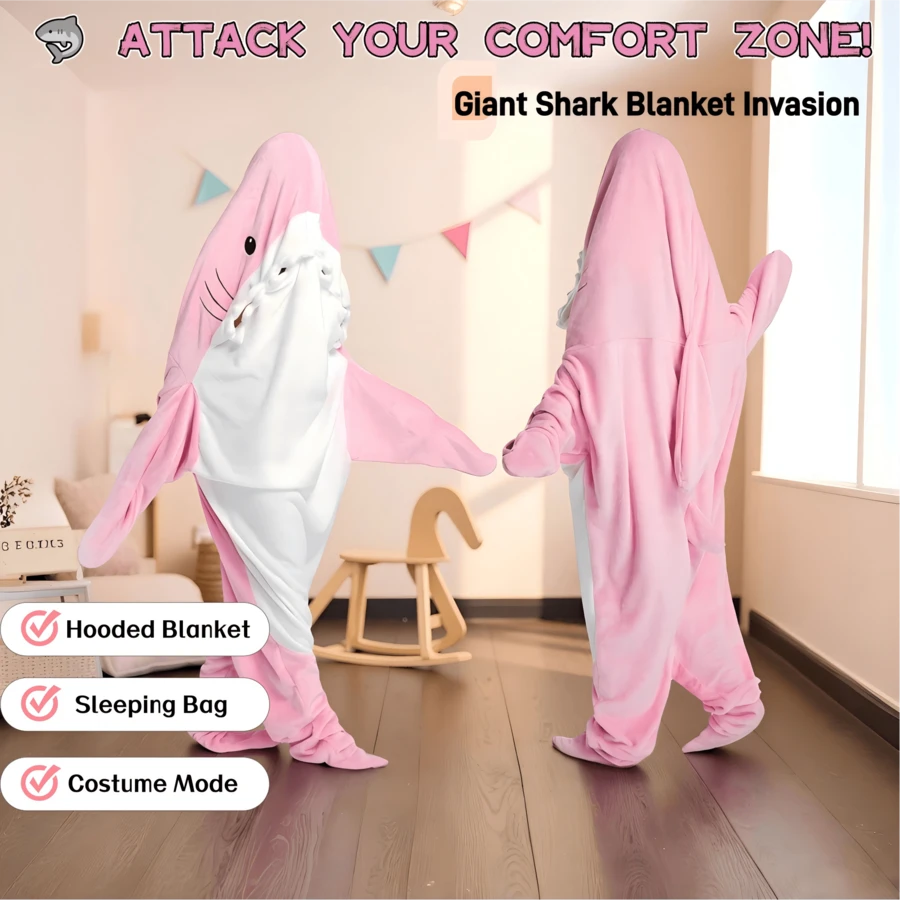 Shark Onesize Adult Kigurumi Wearable Blanket With Hood, Soft Cozy Flannel Sleeping Bag, Cute Funny Costume For Cosplay - 粉色 - 查看 1