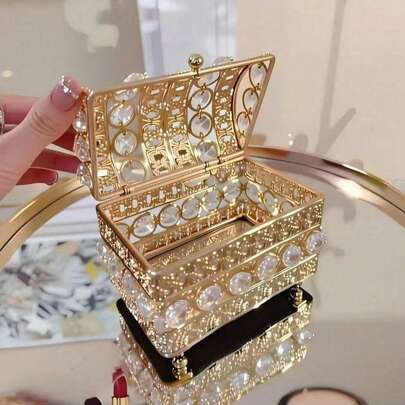 Luxury European Style Crystal Jewelry Box, High-End Exquisite Creative Desktop Princess Jewelry Storage Box