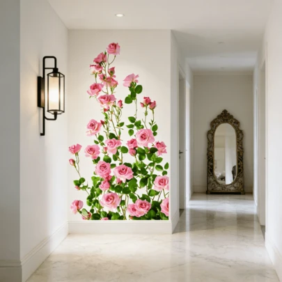 1片粉色玫瑰藤蔓墙贴，自粘防水瓷砖贴纸，适用于厨房、卧室、客厅墙面装饰