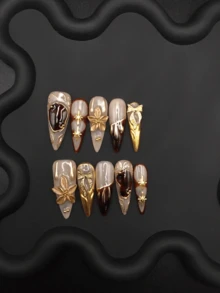 Móng tay giả thủ công dài, nhọn, chạm khắc 3D kiểu cổ điển sang trọng, nơ kim loại mạ vàng và họa tiết hoa ba chiều, móng dán dùng hàng ngày. - Nhiều màu - Xem 9