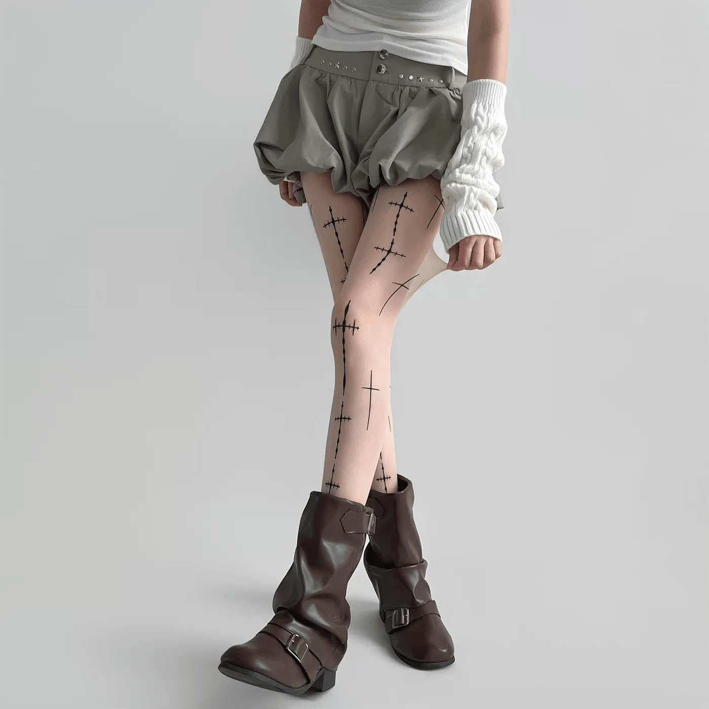 Women's Avant-Garde Punk Sheer Leggings, Nude Base Color Patchwork Gothic Pattern Mesh Thigh High Socks, Suitable For Spring, Summer, Autumn Street Fashion, Daily Party, Y2K Alternative Chic Stockings - Multicolor - View 1