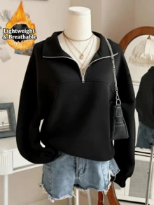 Women's Loose Split Zip-Up Hoodie, Fleece-Lined Casual Sport Sweatshirt With Half-Zip & Turn-Collar, Graduation/Teacher/Back To School Pullover For Spring/Autumn, Women Curve Essential, Christmas Long Sleeve Top & Valentine/New Years Outfit, Holiday Gift - màu đen - Xem 7
