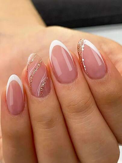 24 piezas Pegatinas de uñas francesas blancas con líneas onduladas de purpurina plateada, uñas postizas de color nude almendra medio, set de arte de uñas que incluye 1 hoja de pegatinas adhesivas y 1 lima de uñas mini, adecuado para uso diario, accesorios de cuidado de uñas. Suministros para uñas