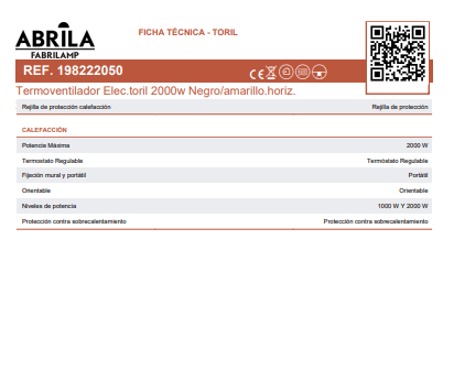 Avant مدفأة مروحة كهربائية ABRILA Toril بقوة 2000 واط، متوفرة باللون الأبيض وثنائي اللون، أفقية، إعدادات طاقة 2، 3 وظائف، حماية من ارتفاع الحرارة الثرموستاتية وشبكة حماية قابلة للتعديل، 12x26x26 سم. ضمان أفضل جودة - أسود/أصفر - مشاهدة 3