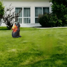 这是一款亚克力材质的猫形户外装饰灯，无需用电。卡通猫咪造型，质感如石头般柔软，立于草坪之上，一只爪子“捧着”一盏暖光灯笼。造型俏皮可爱，与图片中木质露台和绿植花园的休闲环境相得益彰，为庭院增添了一份温馨愉悦的氛围。 - 彩色 - 查看 6