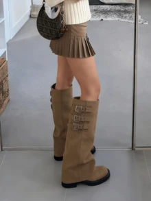 Fashion Womens Knee High Boots Round Toe Buckle Straps Slouchy Chunky Heel Boots Party Office Daily Outdoors Fall Winter Dressy Boots - 棕色絨面 - 查看 3