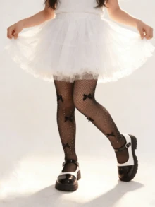 1双女童水钻蝴蝶结渔网袜，女童打底裤，儿童夏季薄款网眼袜，防蚊袜，舞蹈袜，甜美 - 黑色 - 查看 1