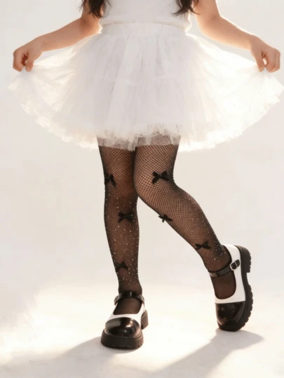 1 Pair Girls' Rhinestone Bowknot Fishnet Stockings, Girls' Leggings, Thin Children's Summer Mesh Stockings, Mosquito Repellent Stockings, Dance Stockings, Sweet