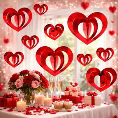 32/16pcs Red Heart Hanging Decoration For Marriage Proposal Wedding Romantic Decoration,Heart Ornament Decoration For Engagement, Valentine's Day, Birthday, Anniversary, With Red Ribbons
