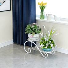 1 Piece 2-Tier Plant Stand, Classical Wrought Iron Irregular Design, Indoor & Outdoor Use, Stable Holder For Potted Plants, Balcony Garden Flower Display Rack - White - View 4