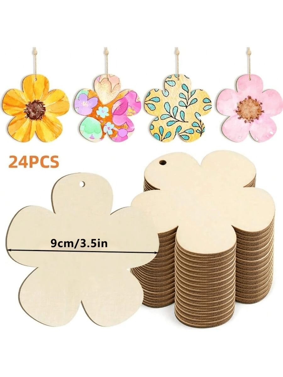 Bộ 12/24 món đồ trang trí hoa bằng gỗ tự làm, vẽ tay - Trang trí mùa xuân nhiều màu sắc, cắt giấy, kèm dây gai 10m, thích hợp để treo, trang trí hoa, cắt giấy hoa bằng gỗ, hoa lá. - Màu be - Xem 1