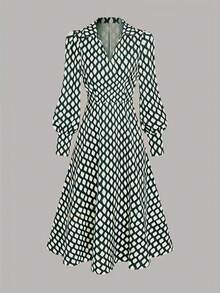 女士优雅春夏格子印花休闲派对连衣裙，长袖设计，适合约会 - 綠色 - 查看 5