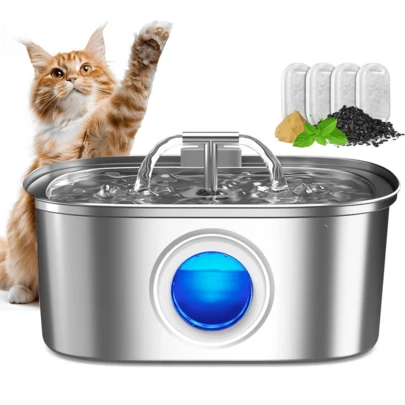 Fuente de agua automática para gatos de acero inoxidable con 4 filtros, dispensador de agua para mascotas de 108 oz/3.2L con indicador de nivel de agua, adecuado para hogares con varias mascotas