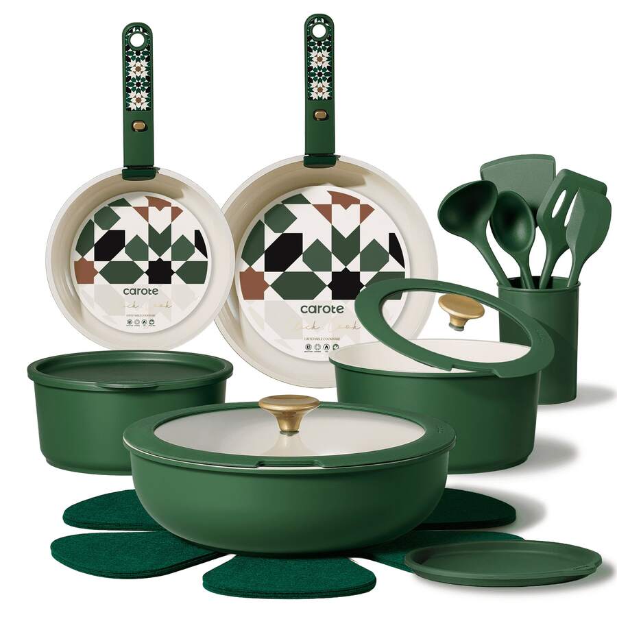 21 piezas Juego de utensilios de cocina antiadherentes, ollas y sartenes con mangos desmontables, aptos para horno e inducción, juego de cocina apilable, color marrón - 21 piezas verdes - Ver 1