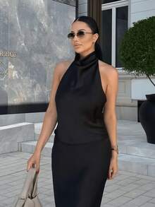 HZXVIC Áo kiểu nữ màu trơn mới, gợi cảm, hở lưng, cổ yếm, thích hợp cho hẹn hò, tiệc tùng, màu đen mùa hè. - màu đen - Xem 9