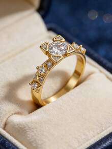 Women's Gold-Plated Cubic Zirconia Ring, Micro-Inlaid Craftsmanship, Minimalist Luxury Style, Suitable For Daily Commute/Date Night, Exquisite Gift For Girlfriend - Gold - View 2