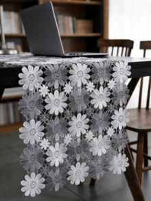 HXARTMIS 1件,灰白双色镂空蕾丝小雏菊桌旗,四季皆宜。采用机织涤纶面料制成。桌旗,现代风格,桌旗,餐桌中心装饰,现代餐桌中心装饰,早餐餐垫,家具垫。 - 白灰 - 查看 4