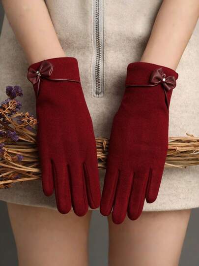 New Bow Tie Touch Screen Warm Gloves For Women, Versatile Adult Gloves For Outdoor Cycling, Thick Warm Fashionable Gloves