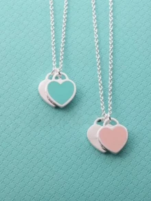 Collar de doble corazón de plata esterlina S925, rosa y azul, diseño clásico y sencillo, collar de joyería para mujer, regalo navideño. - rosa - Ver 4