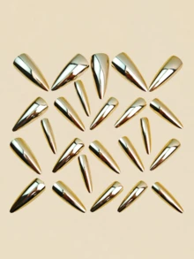 24pcs Gold Plated Gothic Style Nail Art False Nails, Removable Simple Nail Stickers For Women - Gold - View 3