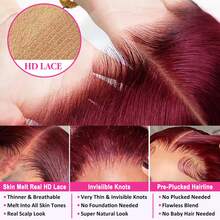 26英寸 200%密度 13x4 酒红色直发蕾丝前假发，人发混纺，预剪高清蕾丝前人发混纺，含纤维，无需胶水，直发，无胶人发混纺假发，自然发际线，即戴即走，99J号人发，预先拔毛，耳到耳 - SBUG - 查看 7