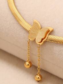 1pc Fashion Stainless Steel Butterfly & Beaded Tassel Bracelet, Suitable For Women Beach Vacation Or Daily Outfit, Also Make Great Gift For Friends - Yellow Gold - View 7