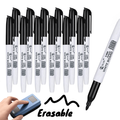 12/24-Piece Slim Dry Erase White Board Marker Pen With Bullet Tip, Black Ink, Erasable