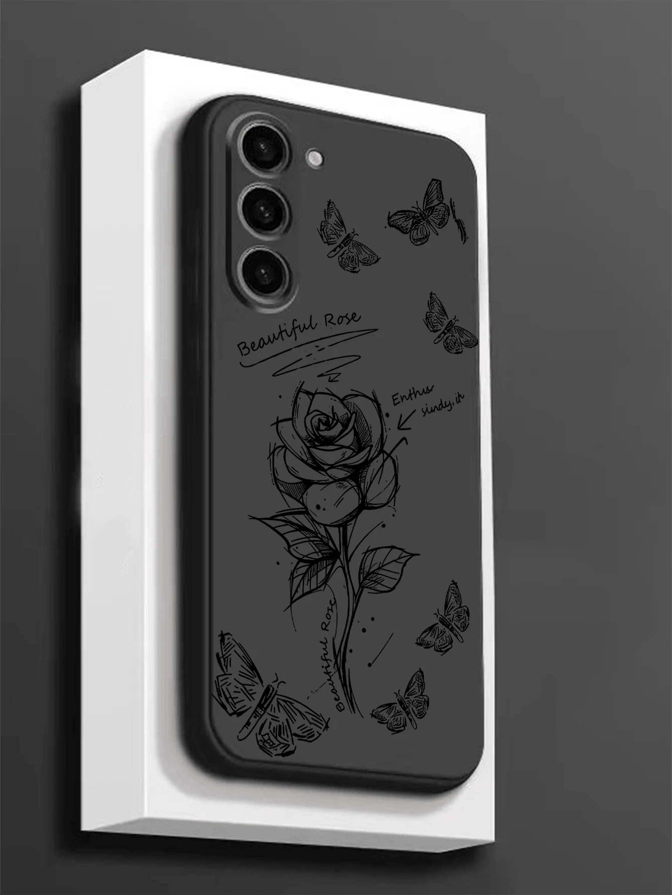 1个个性化玫瑰花蝴蝶印花手机壳,黑色TPU软保护套,兼容华为荣耀、红米、三星Galaxy A04e/A05s/A13/A14/A15/A34/A35/A50/A52/A53/A54/S21/S22/S23/S24/S25/S25 Ultra、6A/7A/8A、12T/13T/14T - 黑色 - 查看 1