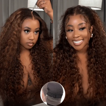ZHENDEFA 360 Degree Water Wave Invisible Lace Front Wig, 200% Human Hair Density, Honey Blonde Curly Hair, Ombre 4/27 Highlighted Bangs, Wet Look Fluffy Curly Wig For Women