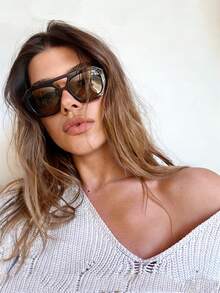 1 Par de Óculos de Moda Retrô com Armação Preta de PC em Formato de Polígono, Barra Dupla, Streetwear Personalizado, Óculos de Piloto de Moda para Homens e Mulheres com Armação Quadrada Grossa e Ponte Dupla, Formas Geométricas, Óculos de Moda Clássicos MC56969 - Preto - Visão 6