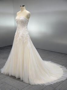 YOUKEFEIER 户外婚礼仪式甜心蕾丝刺绣长款婚纱 - 杏色 - 查看 7