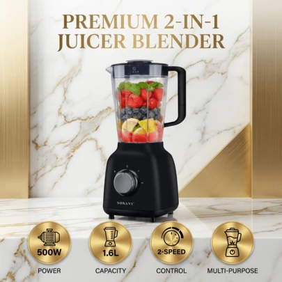  SOKANY 03041 1.6L Multifunctional Juicer Blender, 2-In-1 Food Processor, Stainless Steel Blade, Easy To Clean, 500W High Power, Dual Speed Control, Powerful Motor, Simple Operation