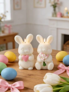 New Easter Bunny Silicone Mold - Reusable Non-Stick Mold With Flower And Heart Shaped Fixers, Asymmetrical Shape Suitable For Making Candles, Soaps, Plaster Crafts, Spring Handmade, Easter Bunny Themed Gift - White - View 1