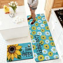1/2/3pcs Easter Kitchen Rug Kitchen Mat Door Mat Featuring Vibrant Sunflower And Bee Happy Design On Turquoise Background Perfect For Spring Home Decor In Kitchen Bathroom Garden Or Party Celebrations As A Festive Gift With Cheerful Atmosphere Home Decoration Easter Mood Decoration - Multicolor - View 2