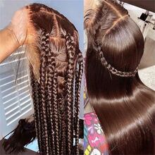 26 Inch 200% Density 13x4 Brown Color Straight Lace Front Wig Human Blended Hair Pre Cut HD Lace Front Human Blended Hair With Fiber Wigs No Glue Straight Hair Glueless Human Blended Hair Wigs With Natural Hairline Wear And Go Glueless Wigs Bone Straight #4 Human Hair Pre Plucked Ear To Ear - Brown - View 9