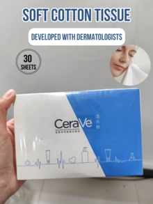 CeraVe Soft Cotton Tissue (30 Sheets), 100% Pure Cotton Wipes, Dual-Use (Dry/Wet) for Daily & Makeup Care, Ultra Gentle (Non-Irritating) & Lint-Free, Excellent Water Absorption & Tear-Resistist, Ultraifting, for Sate Sting, Sidable Sidable Sidsable, - 黑與白 - 查看 2