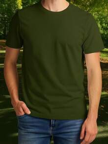Camiseta Vermelha Lisa Básica De Algodão Estilo E Conforto Unissex - Verde Militar - Visão 1