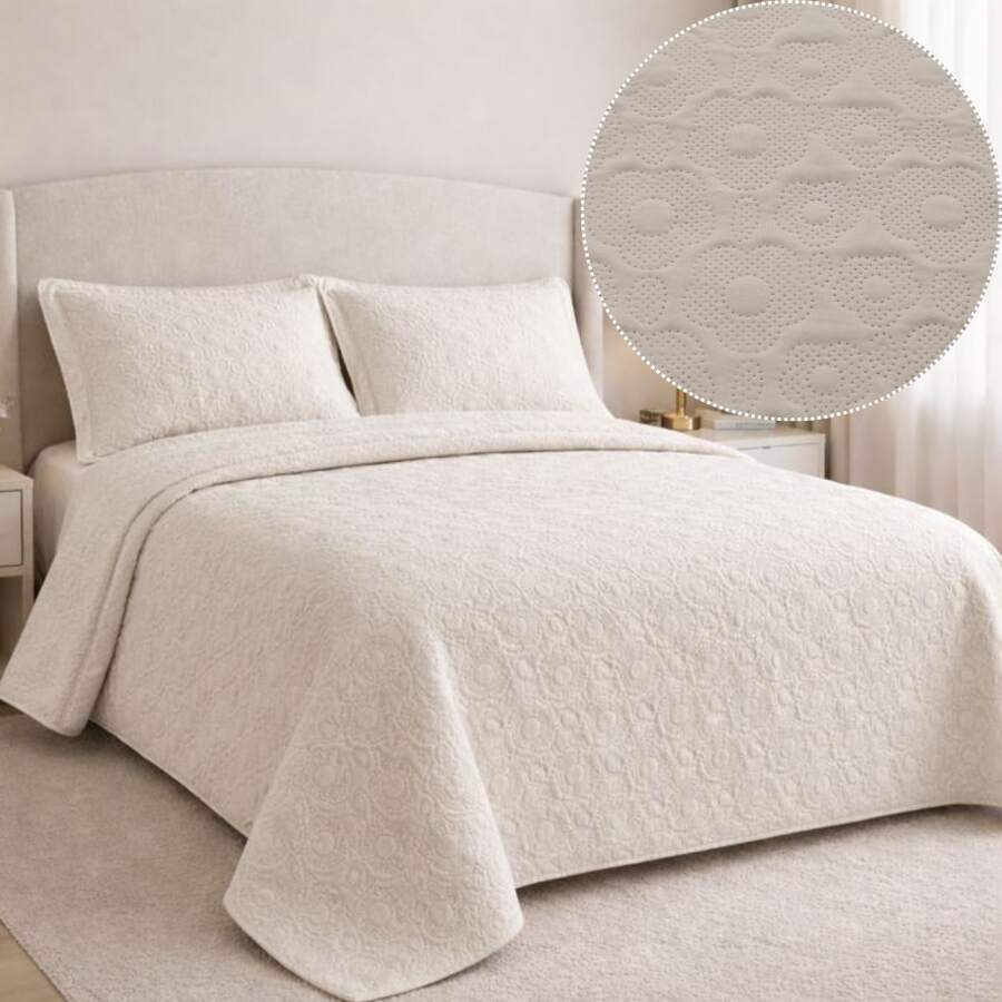 Quilted Bedspread Set, Double Size, Ultrasonic Finish, Percale, Soft Touch, 2 And 3 Pieces, Flora 7 Habitat, Single, Double, Queen, King And Super King Sizes - Màu be - Xem 1