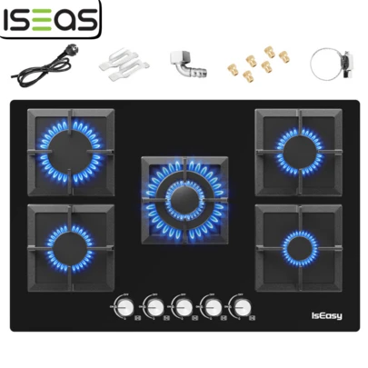  IsEasy Plaque de Cuisson Gaz 5 Feuxs, Plaque Gaz 5 Feux, Table de Cuisson à Gaz 77cm, Gaziniere Gaz Encastrable, 10500W, Gaz ville et bouteille