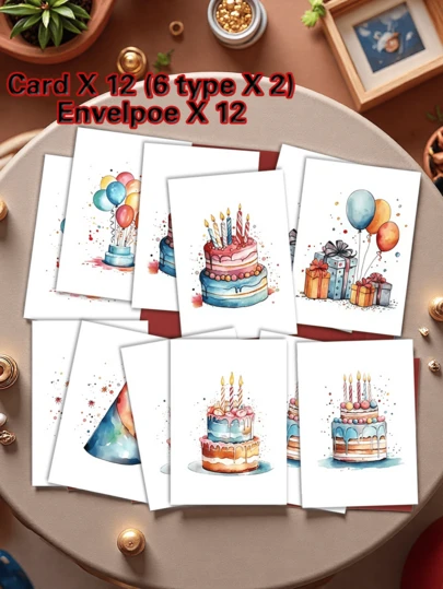 12pcs Colorful Birthday Cake Design Greeting Card Set (With Envelopes) - Perfect For Birthday, Thank You And Special Occasions