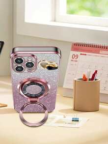 New Electroplated Glitter Transparent Case With Hidden Magnetic Stand, Electroplated Anti-Drop Phone Case + Full Set Of Phone Cases, Suitable For Apple 7/8/X/XS/XR/11/12/13/14/15 Pro Max, Galaxy S22/S23/S24+, A04/A05/A14/A15/A24/A25/A34/A54, , OPPO, VIVO, Redmi 13C, DIY Heart Design - Pink - View 4