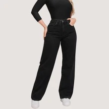 Women's Wide Leg Jeans, Graphite Gray, Simple, Casual, Cute, Elegant, Sensual, Boho, Jeans, Pockets, Button, Zipper, All Seasons - Black - View 6