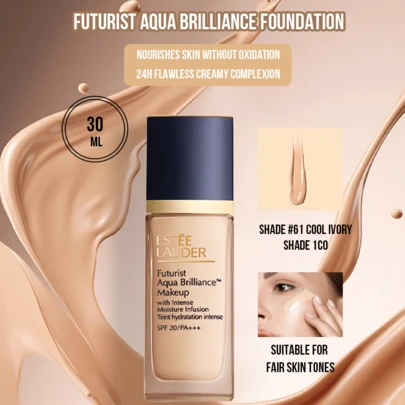 Estée Lauder Base de maquillaje Futurist Aqua Brilliance, con hidratación intensa n.° 1C0 n.° 61 Cool Porcelain, 30/15/5/1 ml. Nutre la piel sin oxidarse, hidrata profundamente, mantiene la hidratación durante mucho tiempo y previene la descamación, no deja sensación de tirantez, ilumina sin opacidad, apta para piel seca, se adhiere suavemente, no se descama, protección solar FPS 20/PA+++. Ideal para estudiantes, oficinistas, viajes diarios, citas y reuniones. Regalo ideal para amigas/novias. Imprescindible para el maquillaje diario.