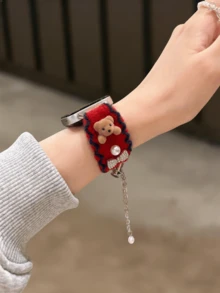 Cute Teddy Bear Plush Watch Band, Compatible With 38/40/41/42/44/45/46/49mm Dial, Fits Ultra/SE11/10/9/8/7/6/5/4/3/2/1 Series - Red Bear - View 4