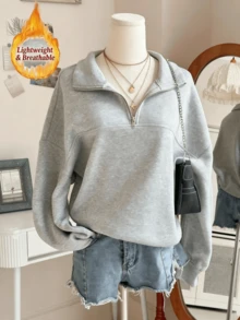 Women's Loose Split Zip-Up Hoodie, Fleece-Lined Casual Sport Sweatshirt With Half-Zip & Turn-Collar, Graduation/Teacher/Back To School Pullover For Spring/Autumn, Women Curve Essential, Christmas Long Sleeve Top & Valentine/New Years Outfit, Holiday Gift, No Effort,  Everyday Active Heather Grey Top. - 灰色 - 查看 7