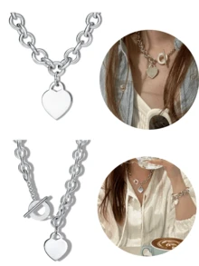 Collar de plata de ley S925 con forma de corazón y cadena gruesa. Diseño clásico y sencillo. Disponible en 2 estilos. Collar de joyería para mujer, regalo para las fiestas. - 2 - Ver 1