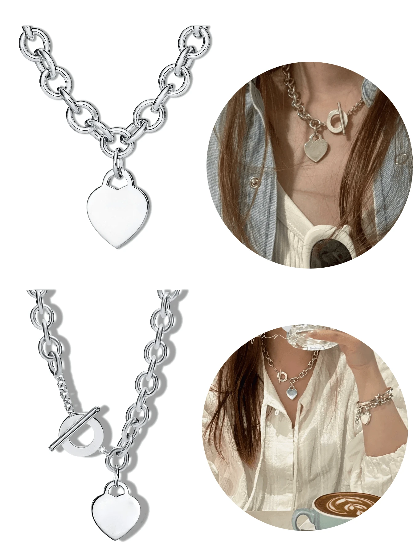 Collar de plata de ley S925 con forma de corazón y cadena gruesa. Diseño clásico y sencillo. Disponible en 2 estilos. Collar de joyería para mujer, regalo para las fiestas. - 2 - Ver 1