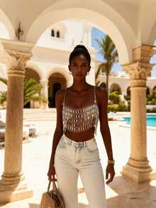 DEKUNER Women's Music Festival Party Rhinestone Body Chain Top Y2K For New Year Holiday Party Club Nights & Stylish Outfits - Bright Silver - View 3