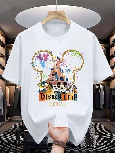  [Authorization] Disney Castle In 2026, Mickey, Minnie, Donald Duck, Daisy, Balloons, Fireworks, Men's And Women's Patterned T-Shirts, 220g Cotton. Paradise Dream Tour Short Sleeves, Casual And Comfortable Fit, Perfect Gift For Teenagers And Father's Day, Shirt