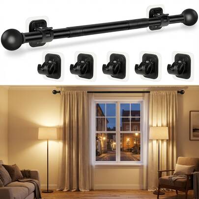 48 Inch Damage-Free No Drill Curtain Rods Adjustable Metal Drape Pole With 6 Super Strong Adhesive Brackets, Contemporary Style For Renters, Apartments, Dorms, Indoor & Outdoor Use, Curtain Rods For Living Room